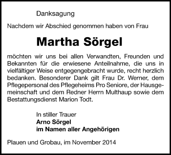 Todesanzeige von Martha Sörgel von Plauen
