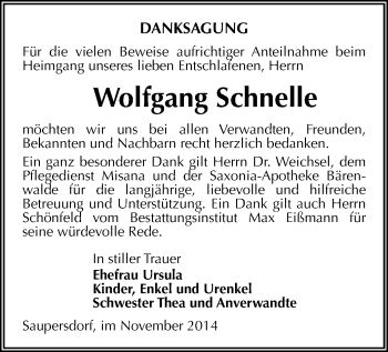 Todesanzeige von Wolfgang Schnelle von Zwickau