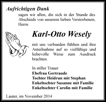 Todesanzeige von Karl-Otto Wesely von Aue