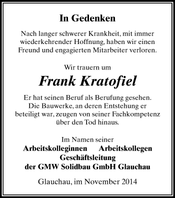 Todesanzeige von Frank Kratofiel von Glauchau