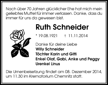 Todesanzeige von Ruth Schneider von Marienberg