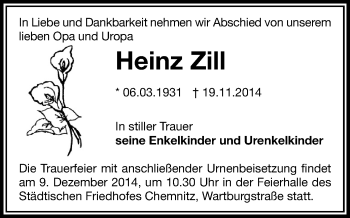 Todesanzeige von Heinz Zill von Chemnitz, Hohenstein-Ernstthal