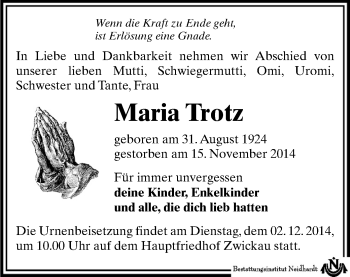 Todesanzeige von Maria Trotz von Zwickau