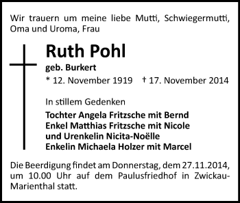 Todesanzeige von Ruth Pohl von Zwickau
