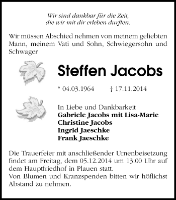 Todesanzeige von Steffen Jacobs von Plauen