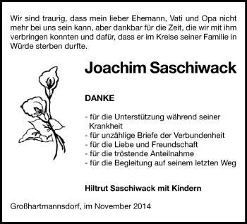 Todesanzeige von Joachim Saschiwack von Freiberg / Brand Erbisdorf