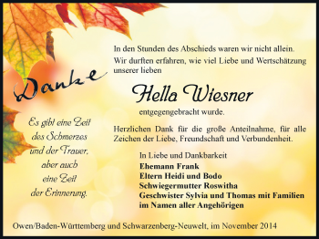 Todesanzeige von Hella Wiesner von Schwarzenberg