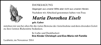 Todesanzeige von Maria Dorothea Eiselt von Werdau