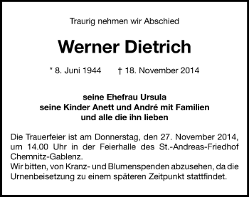 Todesanzeige von Werner Dietrich von Chemnitz