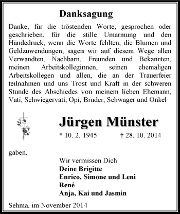 Todesanzeige von Jürgen Münster von Annaberg