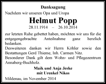 Todesanzeige von Helmut Popp von Annaberg