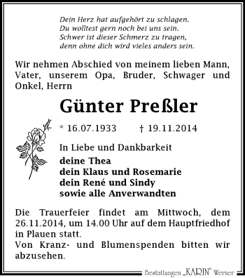 Todesanzeige von Günter Preßler von Plauen