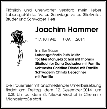 Todesanzeige von Joachim Hammer von Chemnitz