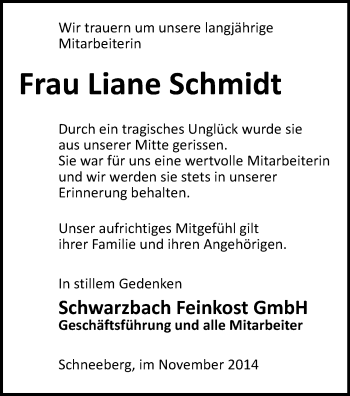 Todesanzeige von Liane Schmidt von Aue