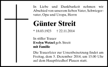 Todesanzeige von Günter Streit von Plauen