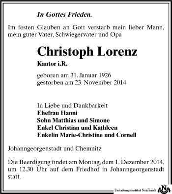 Todesanzeige von Christoph Lorenz von Aue, Schwarzenberg