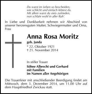 Todesanzeige von Anna Rosa Moritz von Zwickau