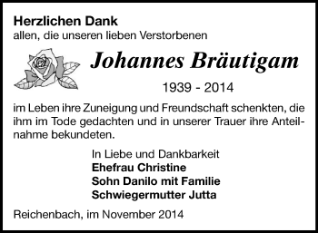 Todesanzeige von Johannes Bräutigam von Reichenbach