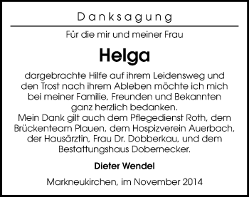 Todesanzeige von Helga  von Oberes Vogtland