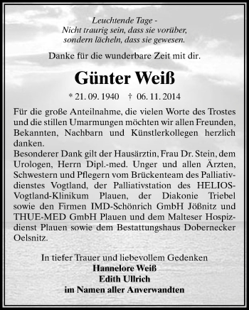Todesanzeige von Günter Weiß von Oberes Vogtland, Plauen
