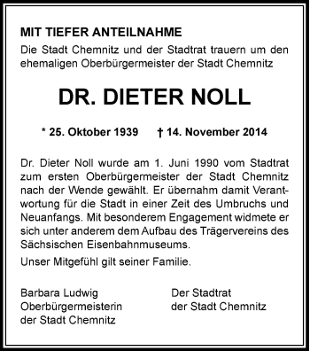 Todesanzeige von Dieter Noll von Chemnitz