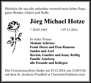Todesanzeige von Jörg Michael Hotze von Chemnitz