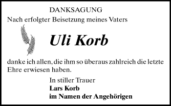 Todesanzeige von Uli Korb von Stollberg