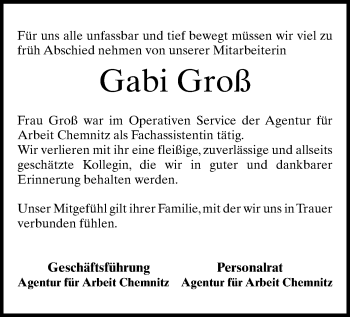 Todesanzeige von Gabi Groß von Plauen