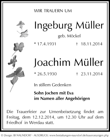 Todesanzeige von Ingeburg und Joachim Müller von Werdau