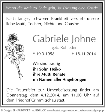 Todesanzeige von Gabriele Johne von Werdau