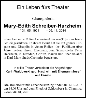 Todesanzeige von Mary-Edith Schreiber-Harzheim von Chemnitz, Plauen