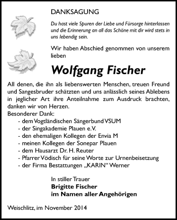 Todesanzeige von Wolfgang Fischer von Plauen