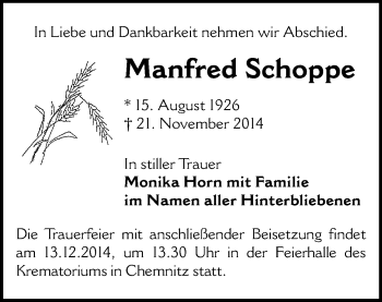 Todesanzeige von Manfred Schoppe von Chemnitz