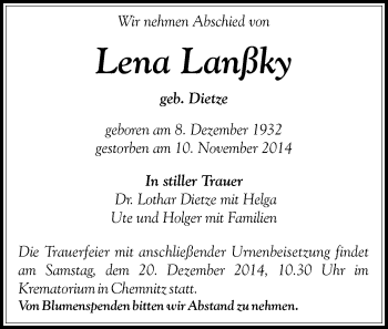 Todesanzeige von Lena Lanßky von Chemnitz