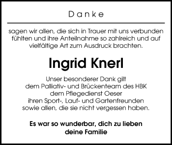 Todesanzeige von Ingrid Knerl von Zwickau