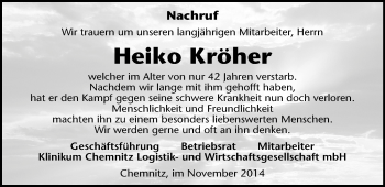 Todesanzeige von Heiko Kröher von Chemnitz
