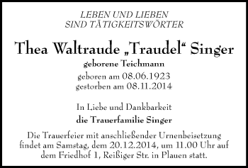 Todesanzeige von Thea Waltraude  Singer von Reichenbach