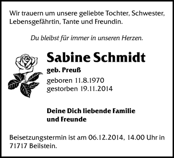 Todesanzeige von Sabine Schmidt von Plauen