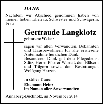 Todesanzeige von Gertraude Langklotz von Annaberg