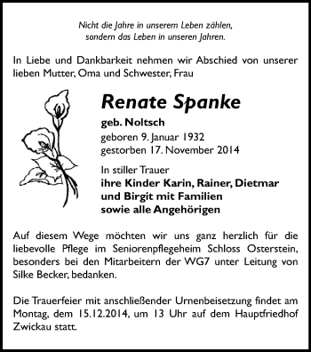 Todesanzeige von Renate Spanke von Zwickau