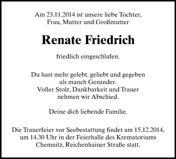 Todesanzeige von Renate Friedrichs von Chemnitz