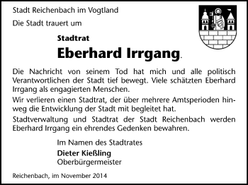Todesanzeige von Eberhard Irrgang von Reichenbach