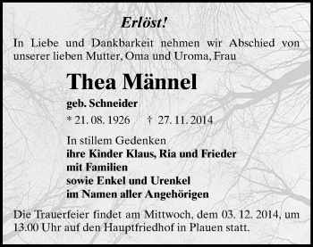 Todesanzeige von Thea Männel von Plauen