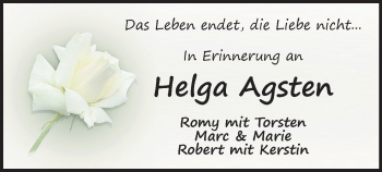 Todesanzeige von Helga Agsten von Hohenstein-Ernstthal