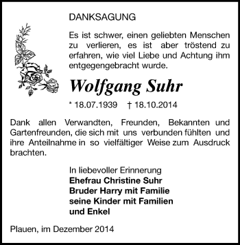 Todesanzeige von Wolfgang Suhr von Plauen