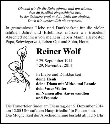 Todesanzeige von Reiner Wolf von Plauen