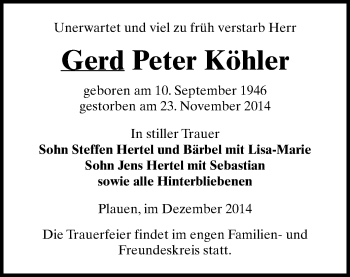 Todesanzeige von Gerd Peter Köhler von Plauen