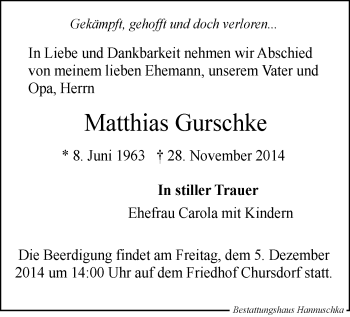 Todesanzeige von Matthias Gurschke von Chemnitz
