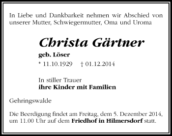 Todesanzeige von Christa Gärtner von Marienberg, Zschopau