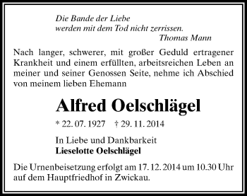 Todesanzeige von Alfred Oelschlägel von Zwickau